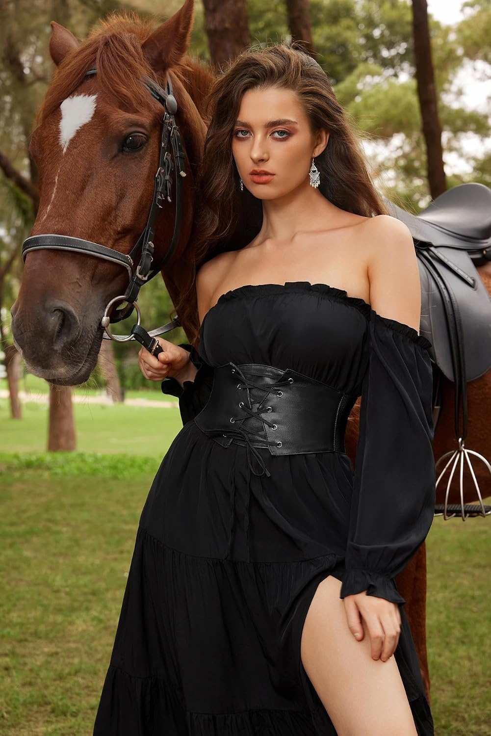 image:imageGRACE KARIN Renaissance Corset Belt for Women Elastic Wide Waist CorsetBlack Leather
