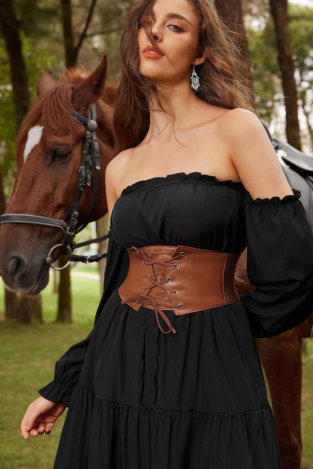 image:imageGRACE KARIN Renaissance Corset Belt for Women Elastic Wide Waist CorsetBrown Leather