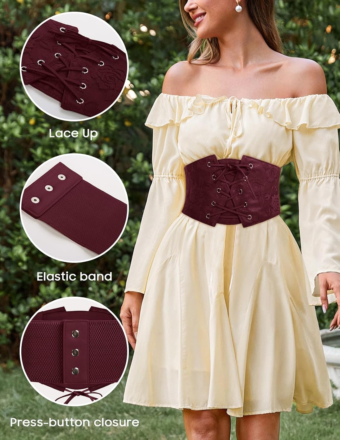 image:imageGRACE KARIN Renaissance Corset Belt for Women Elastic Wide Waist CorsetWine Red