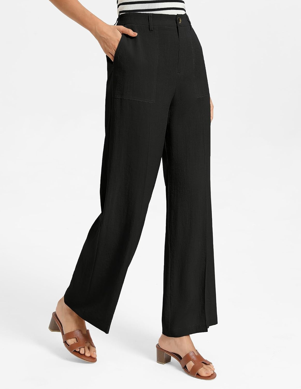 image:imageGRACE KARIN Linen Pants Women Comfy Wide Leg Casual Work PantsBlack