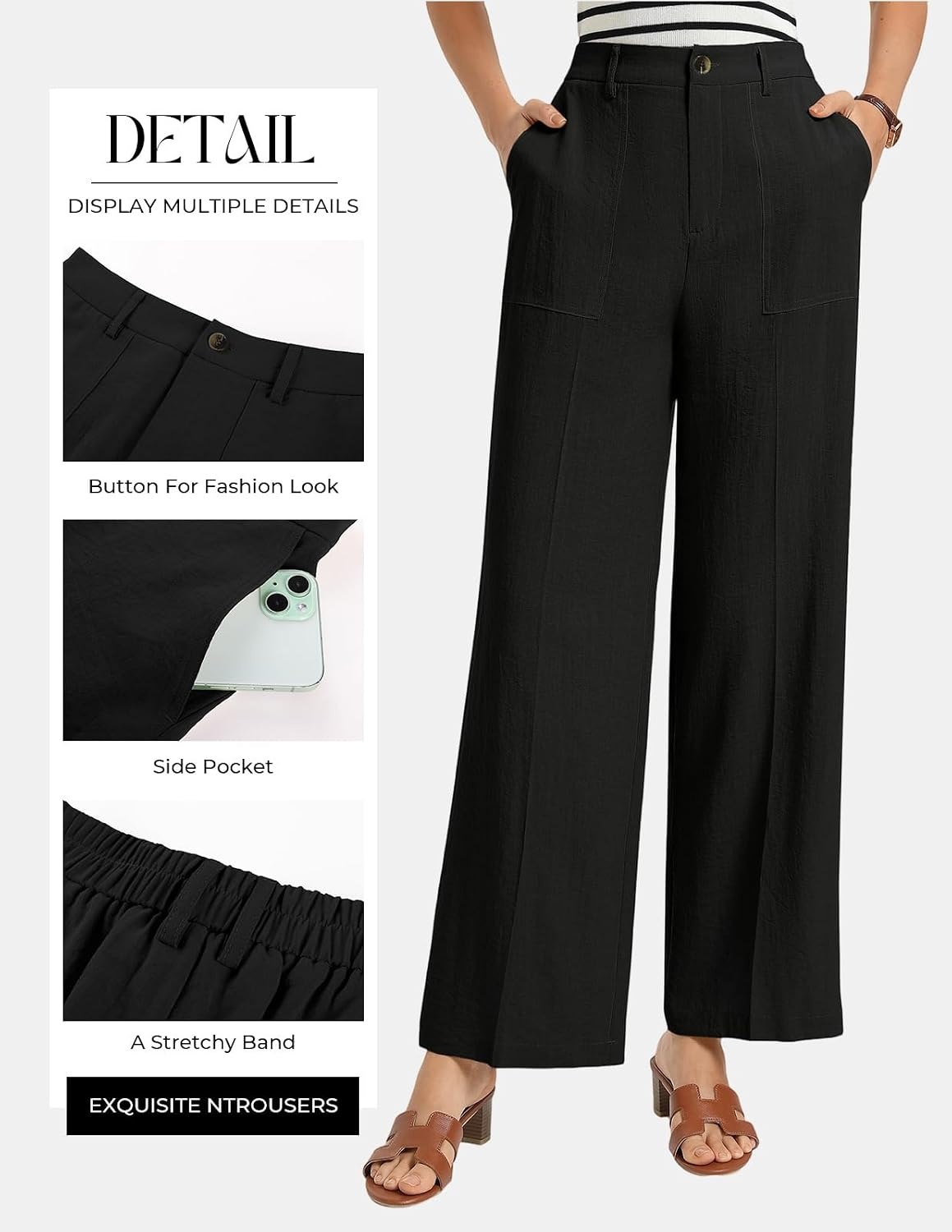 image:imageGRACE KARIN Linen Pants Women Comfy Wide Leg Casual Work PantsBlack