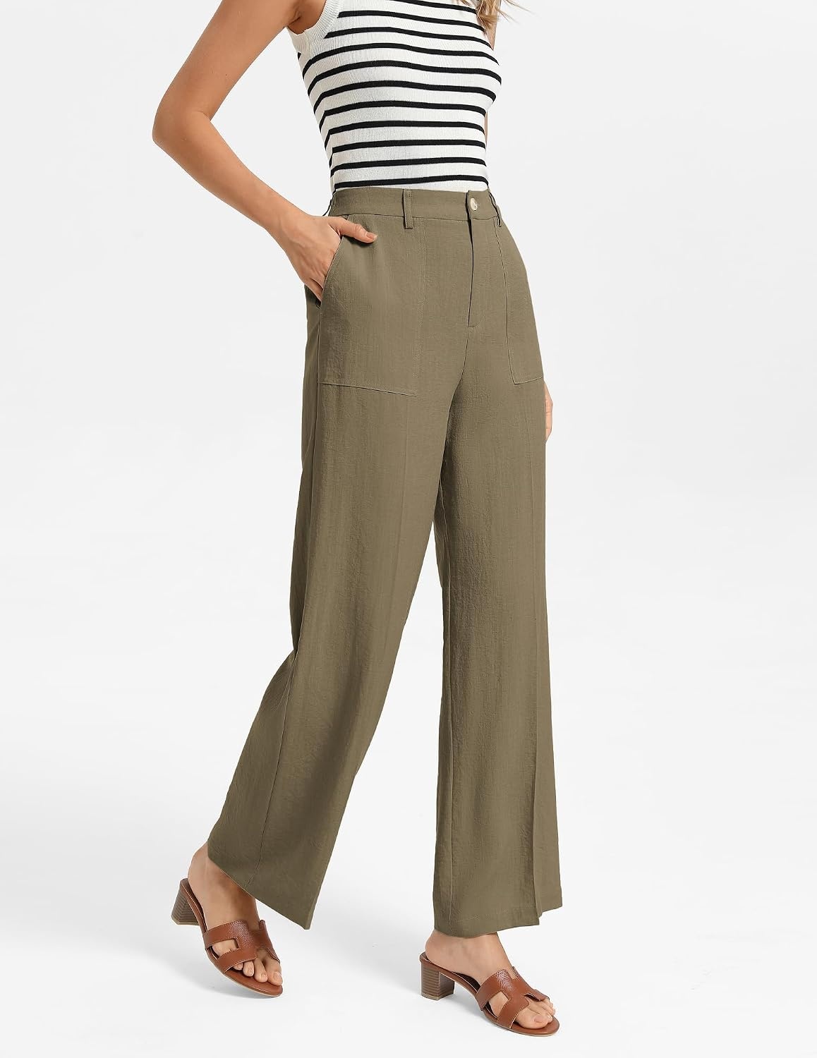 image:imageGRACE KARIN Linen Pants Women Comfy Wide Leg Casual Work PantsBrown