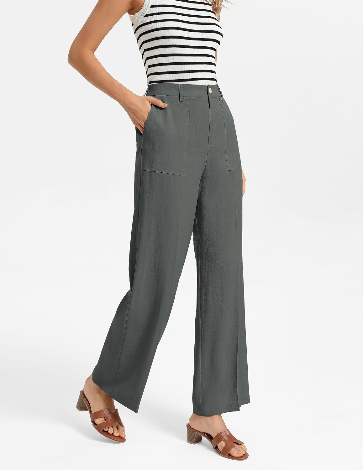image:imageGRACE KARIN Linen Pants Women Comfy Wide Leg Casual Work PantsCharcoal Grey