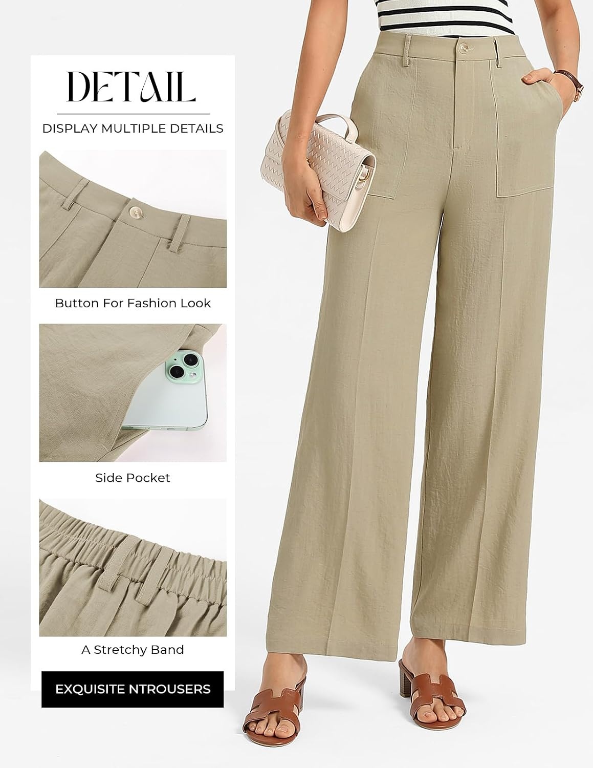 image:imageGRACE KARIN Linen Pants Women Comfy Wide Leg Casual Work PantsKhaki