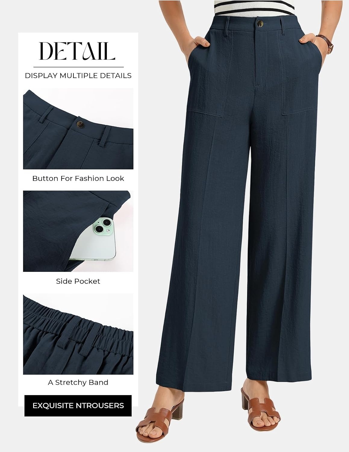 image:imageGRACE KARIN Linen Pants Women Comfy Wide Leg Casual Work PantsNavy Blue