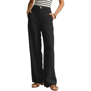 GRACE KARIN Linen Pants Women Comfy Wide Leg Casual Work Pants(Black)