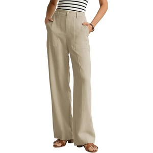 GRACE KARIN Linen Pants Women Comfy Wide Leg Casual Work Pants(Khaki)