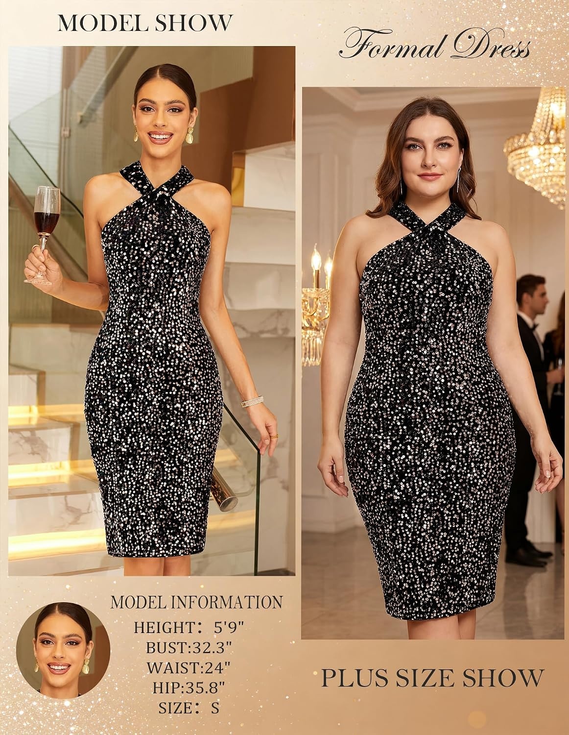 image:imageGRACE KARIN Women Short Sequin DressSparkly Cocktail Bodycon DressesBlack Rose Gold