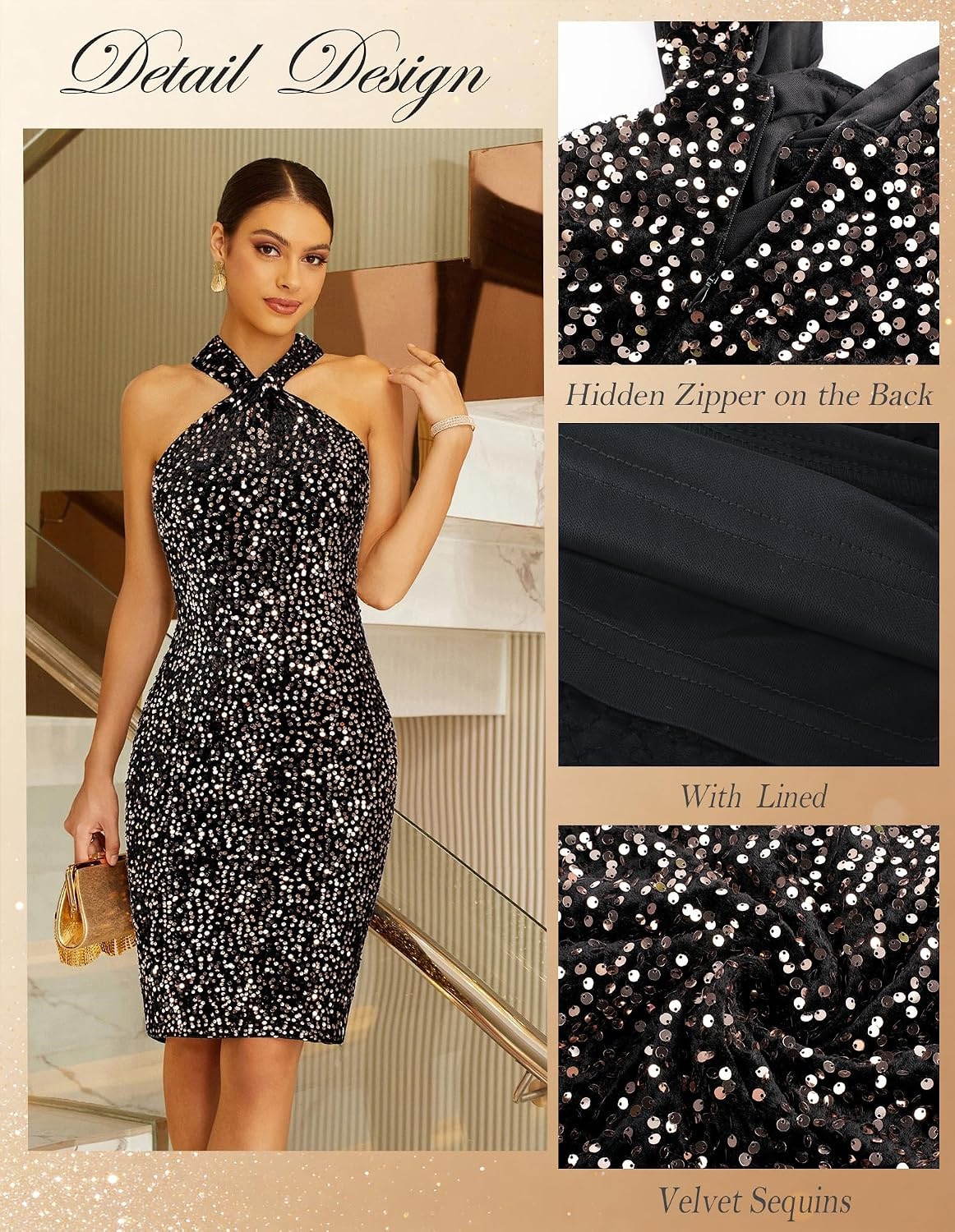 image:imageGRACE KARIN Women Short Sequin DressSparkly Cocktail Bodycon DressesBlack Rose Gold