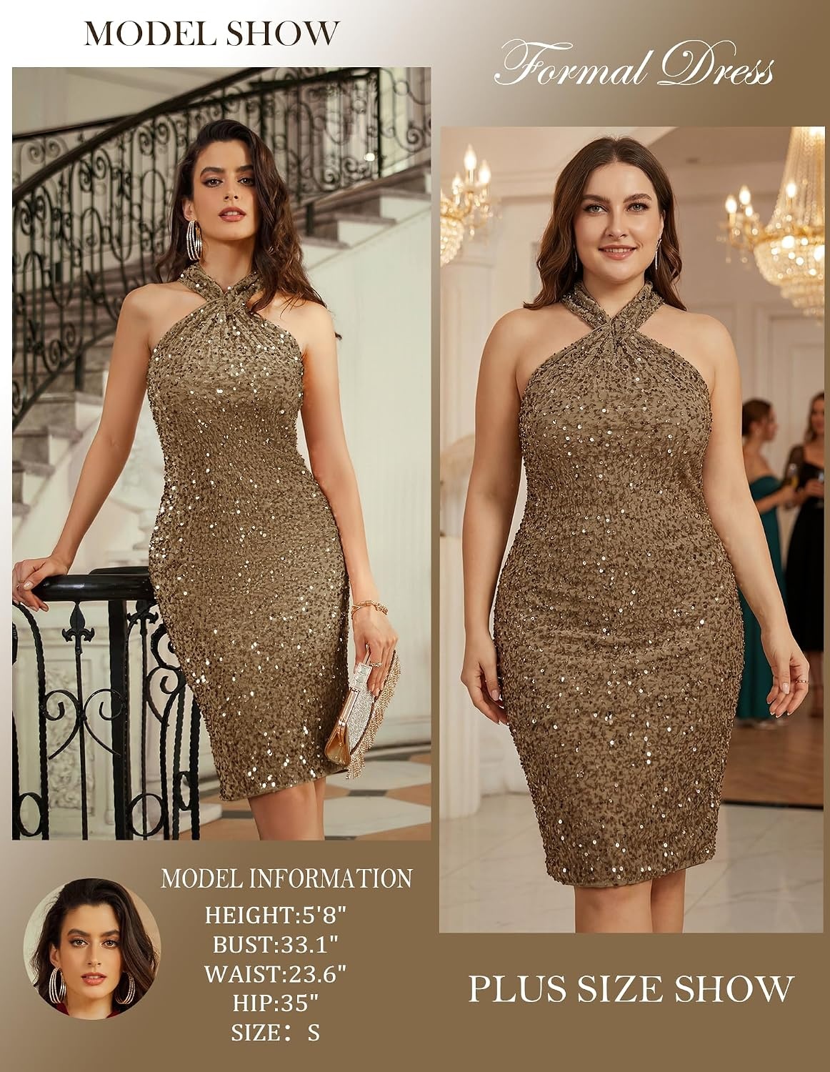 image:imageGRACE KARIN Women Short Sequin DressSparkly Cocktail Bodycon DressesBrown