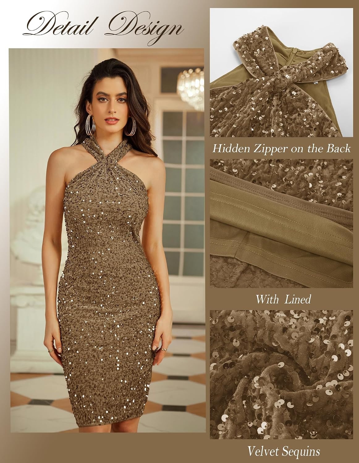 image:imageGRACE KARIN Women Short Sequin DressSparkly Cocktail Bodycon DressesBrown