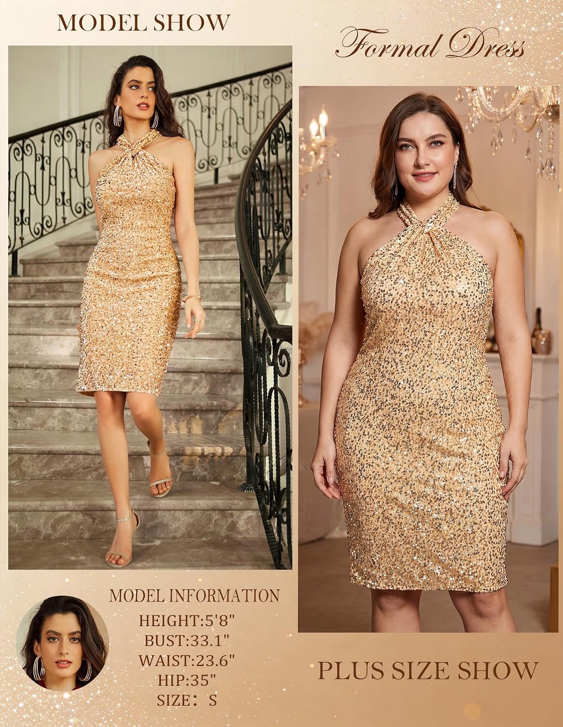 image:imageGRACE KARIN Women Short Sequin DressSparkly Cocktail Bodycon DressesGold