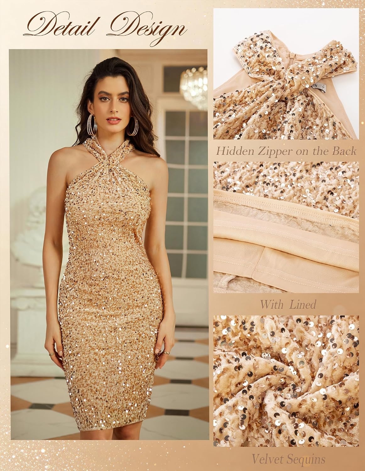 image:imageGRACE KARIN Women Short Sequin DressSparkly Cocktail Bodycon DressesGold