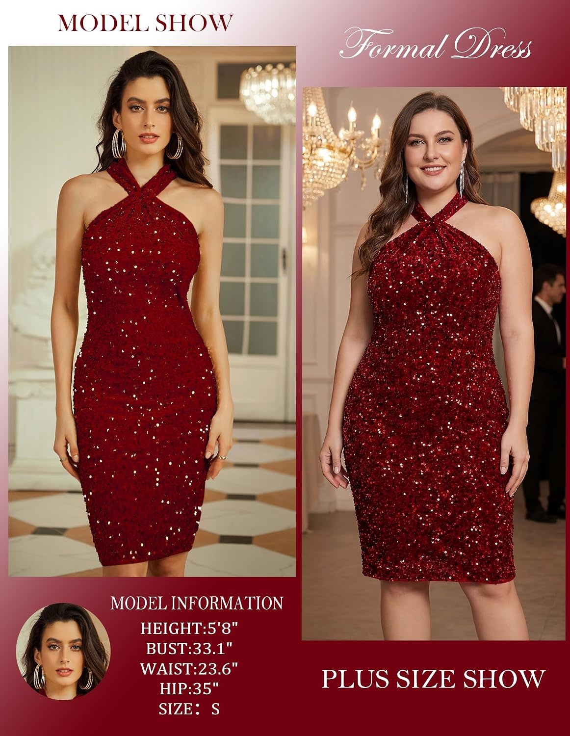 image:imageGRACE KARIN Women Short Sequin DressSparkly Cocktail Bodycon DressesRed