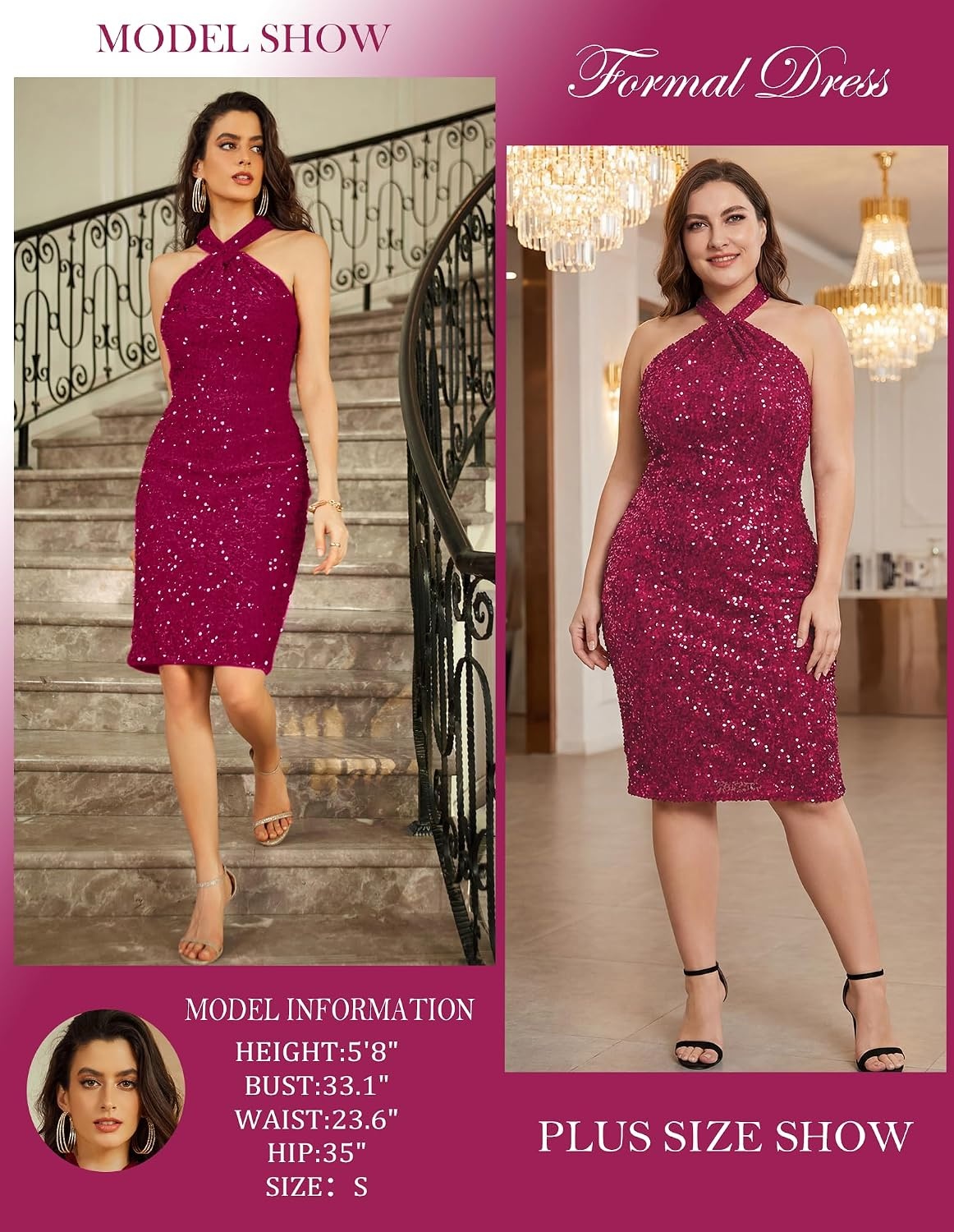 image:imageGRACE KARIN Women Short Sequin DressSparkly Cocktail Bodycon DressesRose Red