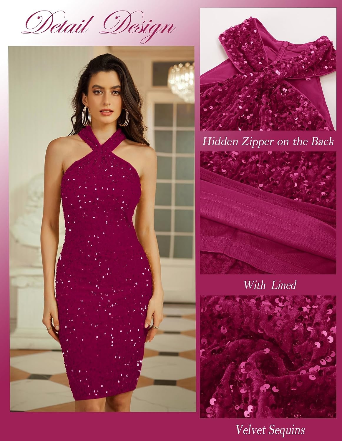 image:imageGRACE KARIN Women Short Sequin DressSparkly Cocktail Bodycon DressesRose Red