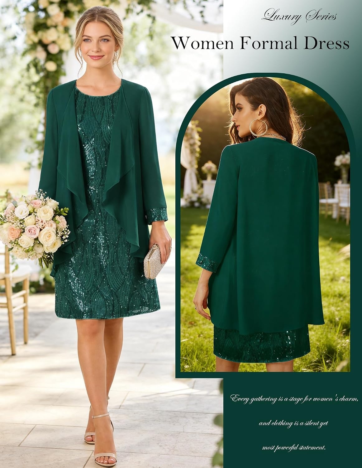 image:imageGRACE KARIN Women Wedding Guest Dresses Sequin Mother of the Bride DressesDark Green