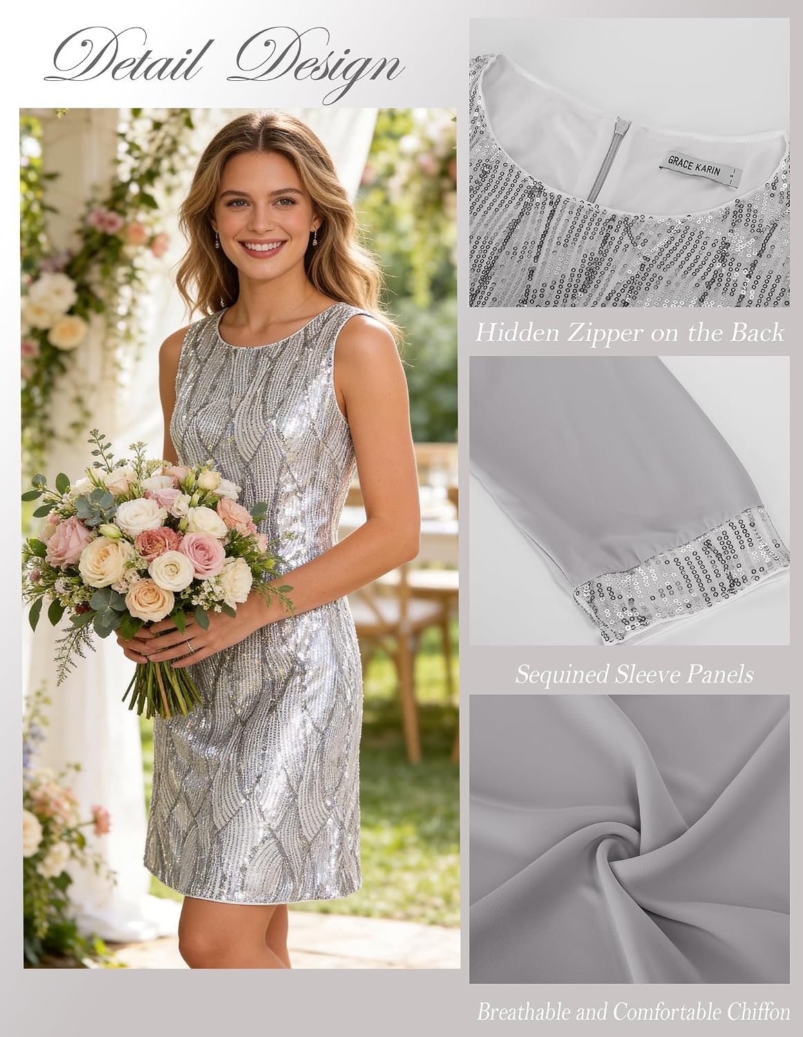 image:imageGRACE KARIN Women Wedding Guest Dresses Sequin Mother of the Bride DressesSilver