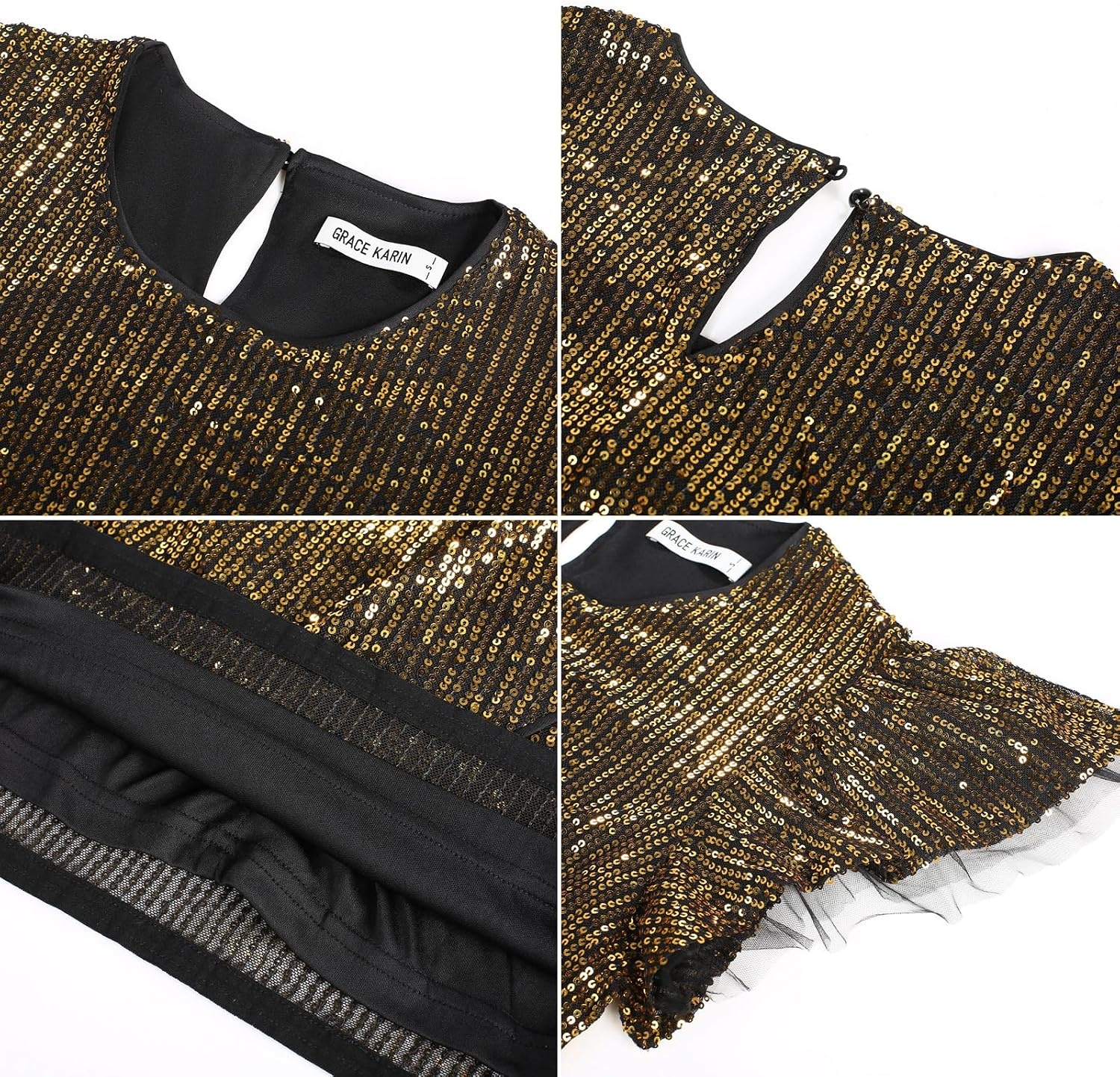 image:imageGRACE KARIN Womens Cap Sleeve Sparkly Sequin Midi DressBlack Gold