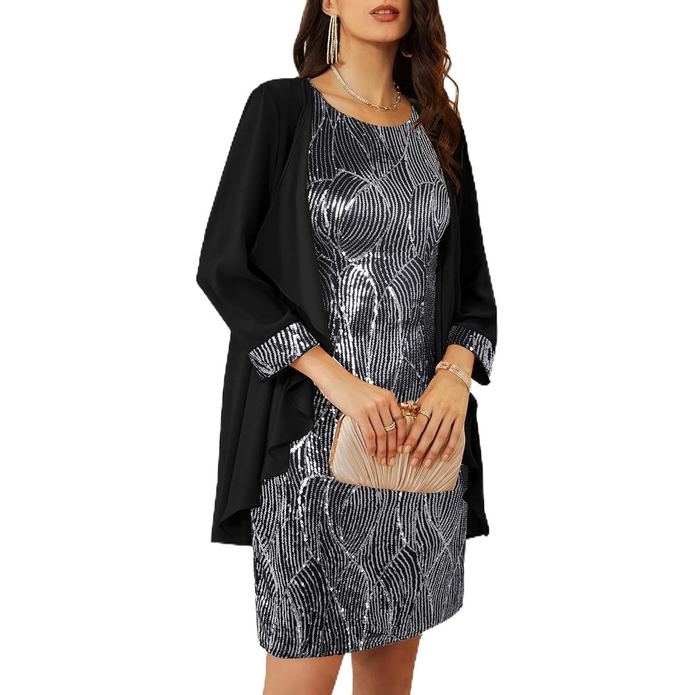 image:imageGRACE KARIN Women Wedding Guest Dresses Sequin Mother of the Bride DressesBlack Silver