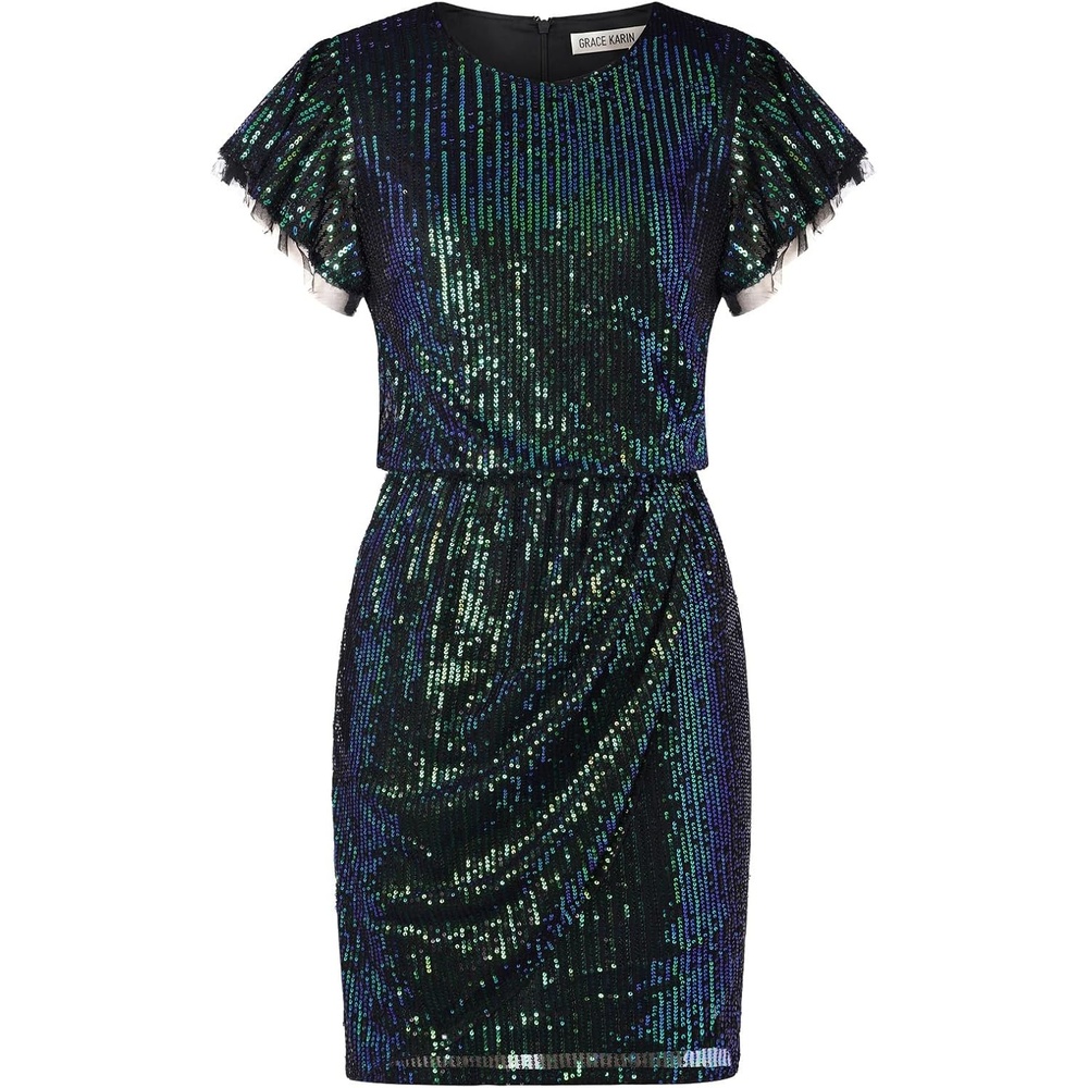 image:imageGRACE KARIN Womens Cap Sleeve Sparkly Sequin Midi DressDark Green