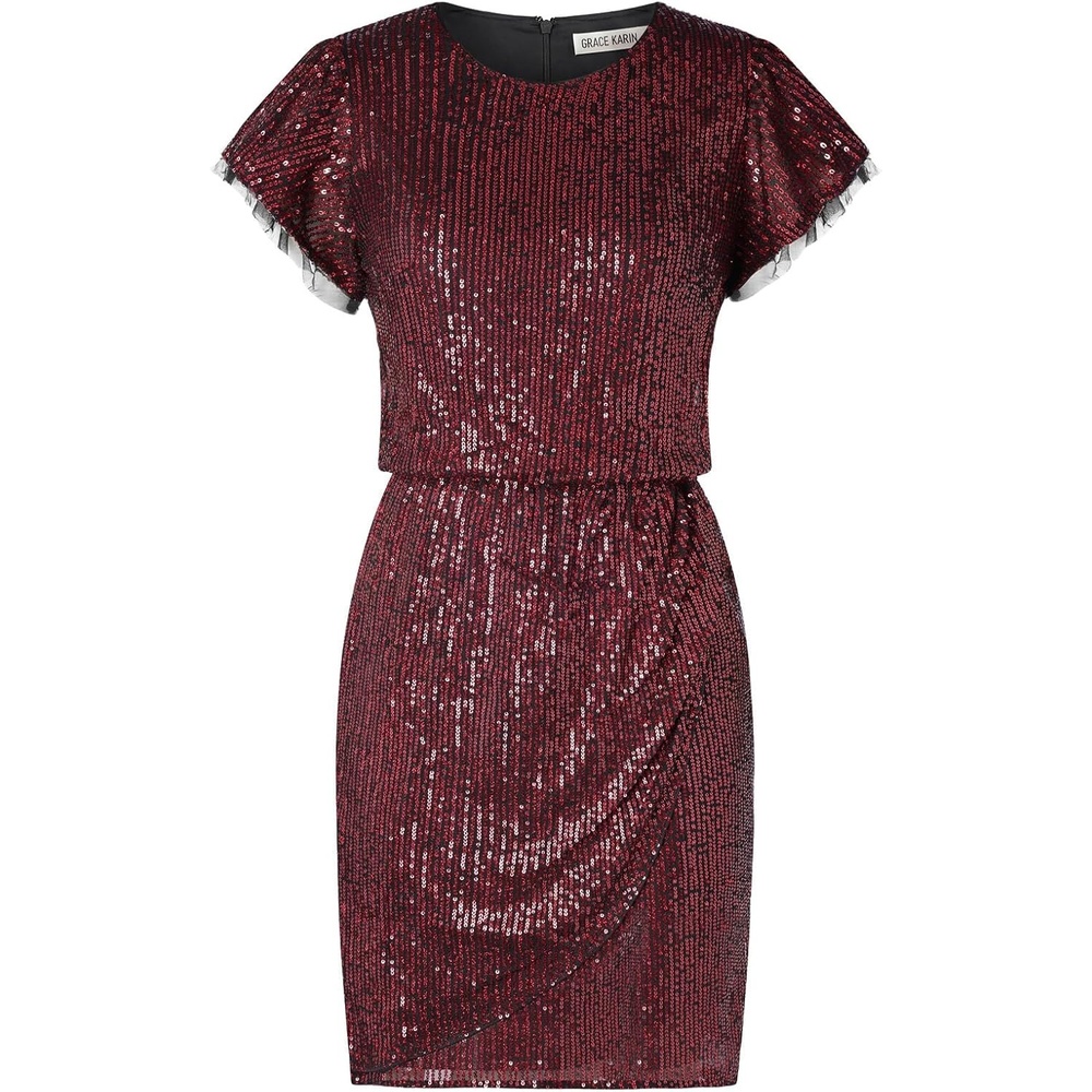image:imageGRACE KARIN Womens Cap Sleeve Sparkly Sequin Midi DressDark Red