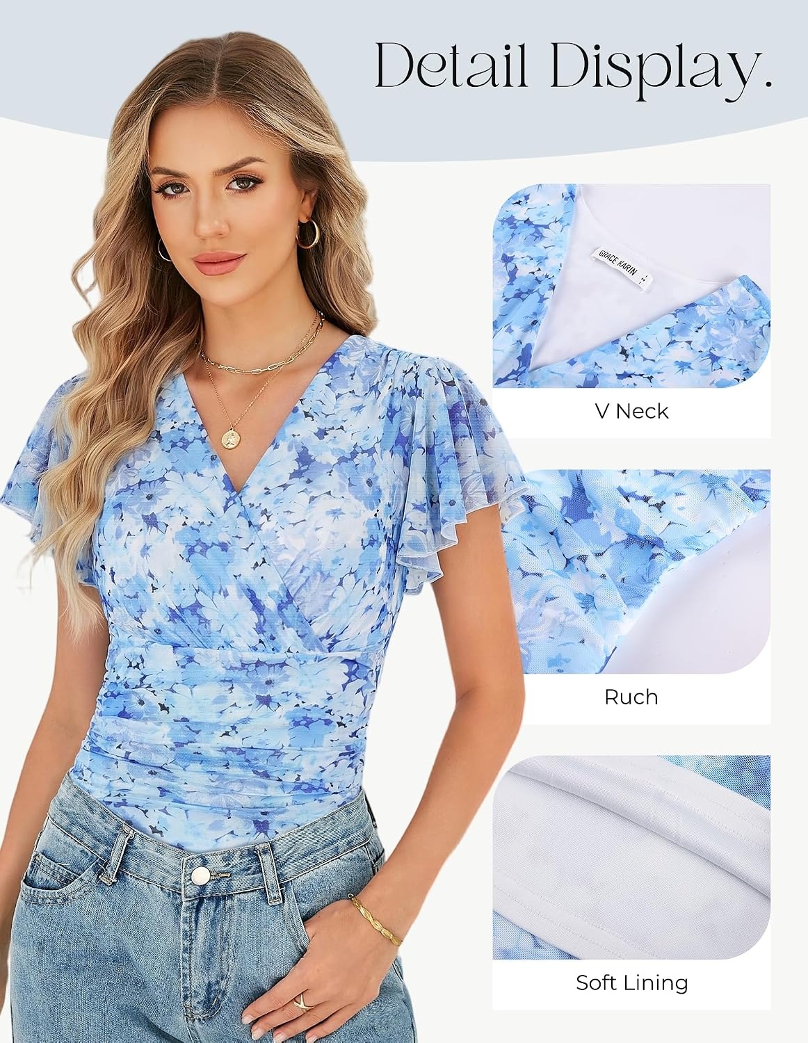 image:imageGRACE KARIN 2026 Womens Mesh Tops Dressy Casual Boho BlousesBlue Floral