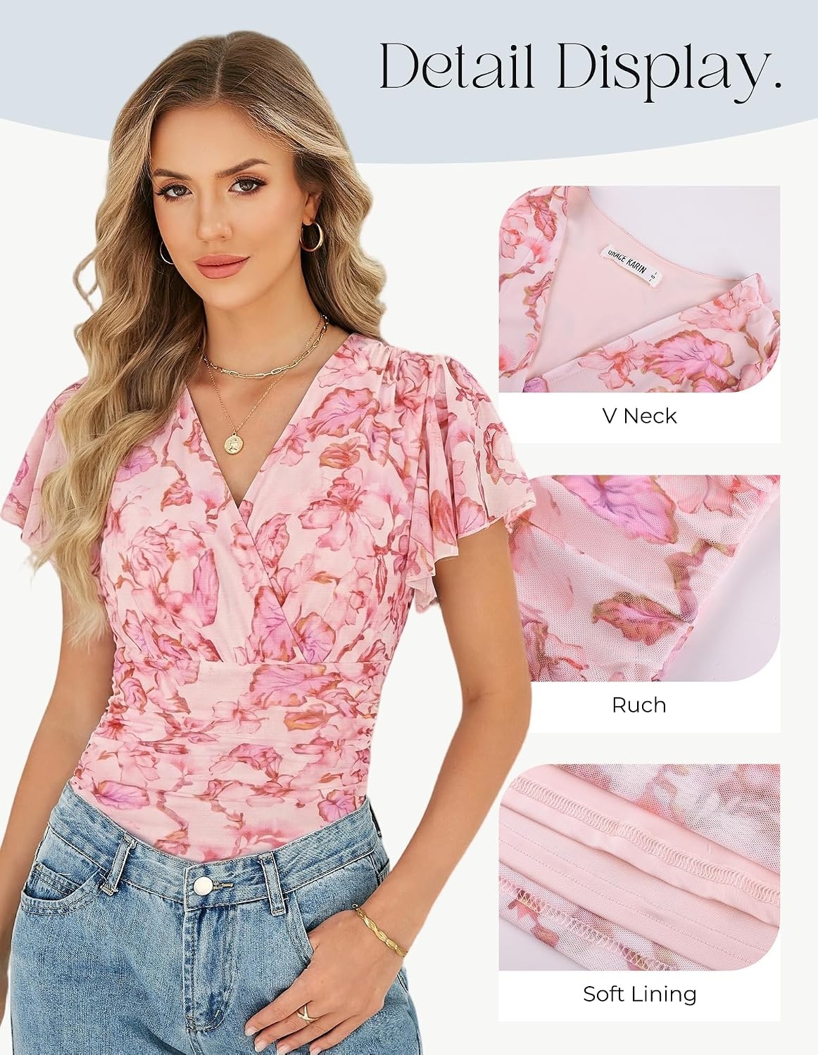 image:imageGRACE KARIN 2026 Womens Mesh Tops Dressy Casual Boho BlousesPink Floral