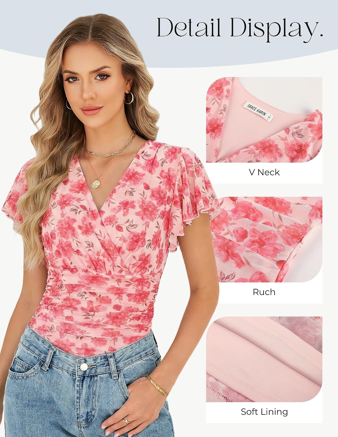 image:imageGRACE KARIN 2026 Womens Mesh Tops Dressy Casual Boho BlousesPink Red