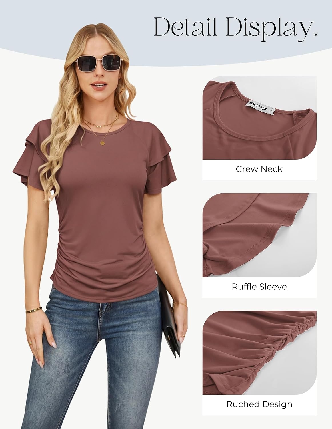 image:imageGRACE KARIN Women Tops Dressy Casual Ruffle Sleeve BlousesChocolate Brown