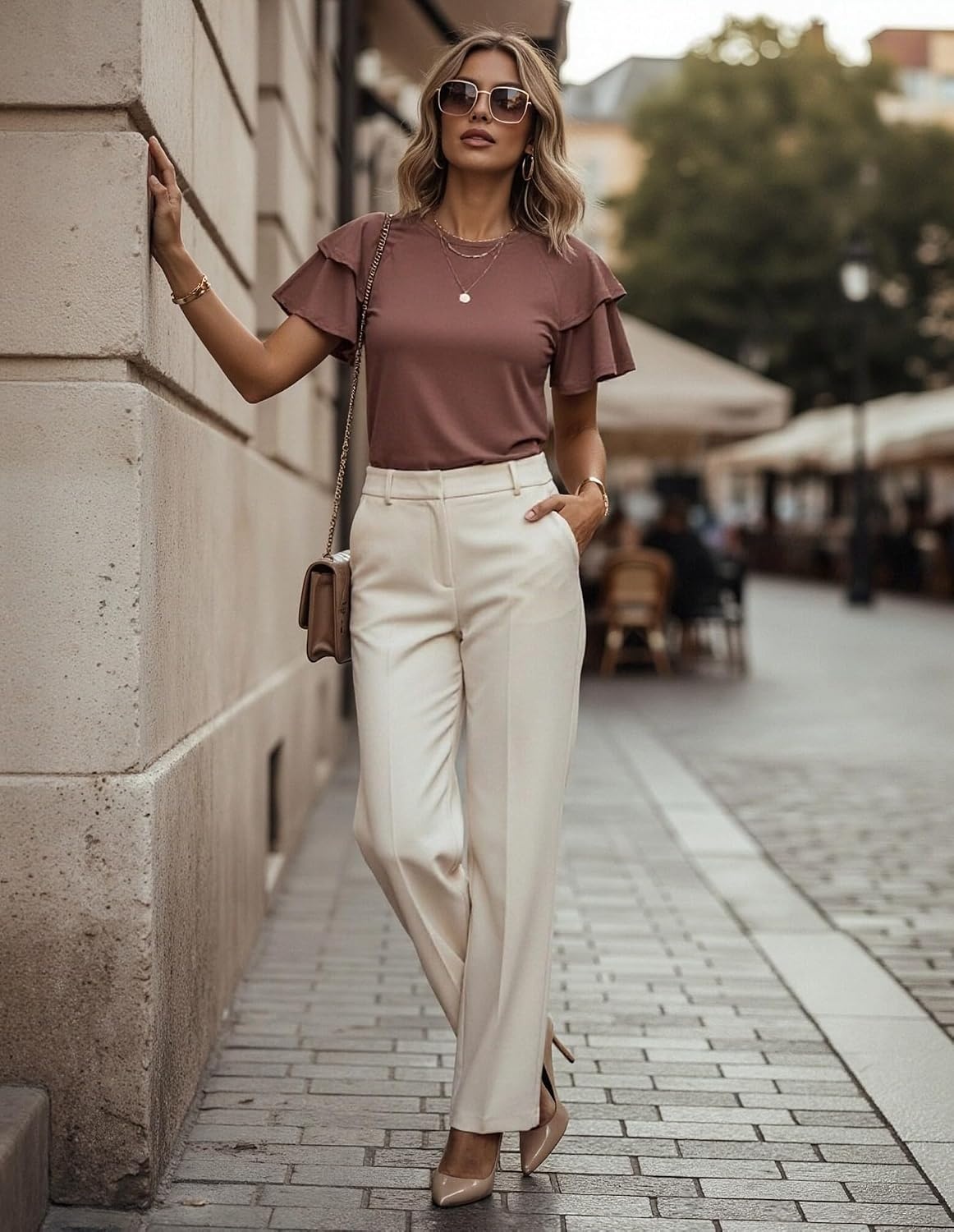 image:imageGRACE KARIN Women Tops Dressy Casual Ruffle Sleeve BlousesChocolate Brown