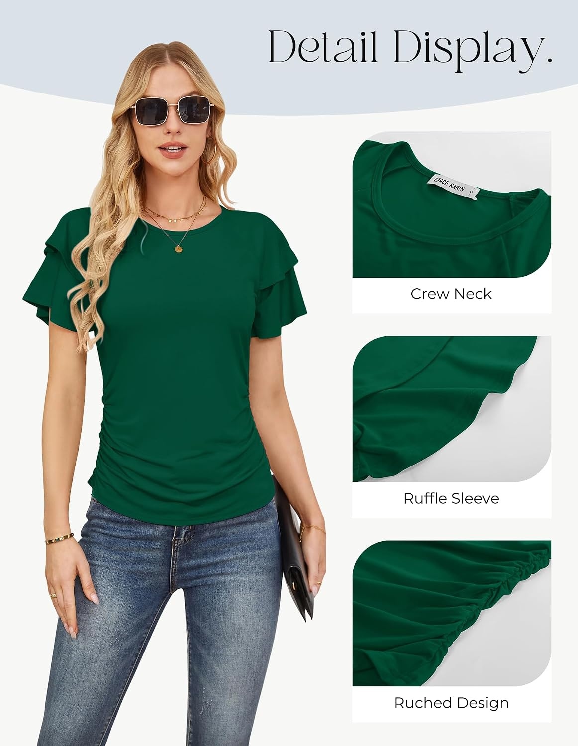 image:imageGRACE KARIN Women Tops Dressy Casual Ruffle Sleeve BlousesDark Green