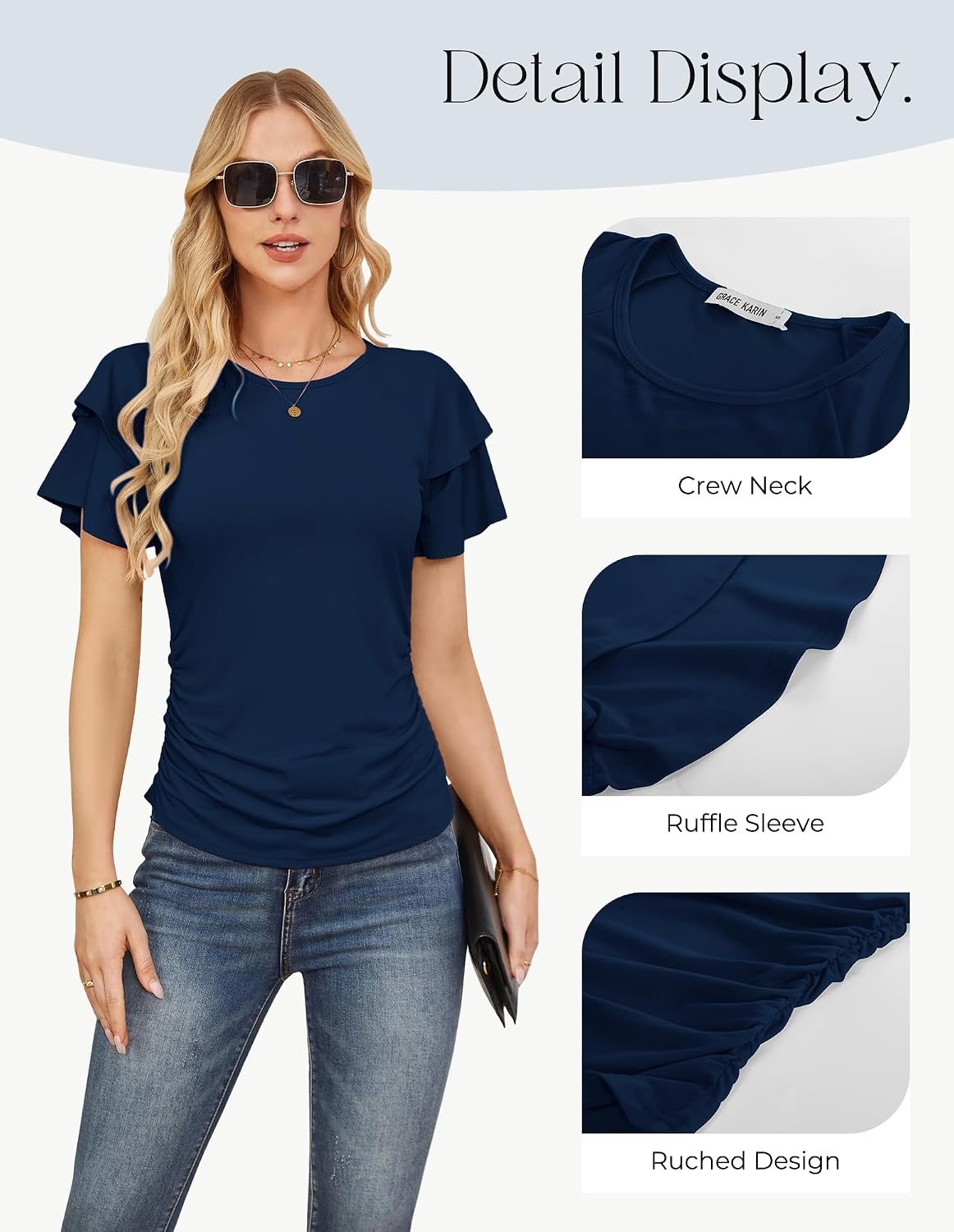image:imageGRACE KARIN Women Tops Dressy Casual Ruffle Sleeve BlousesNavy Blue