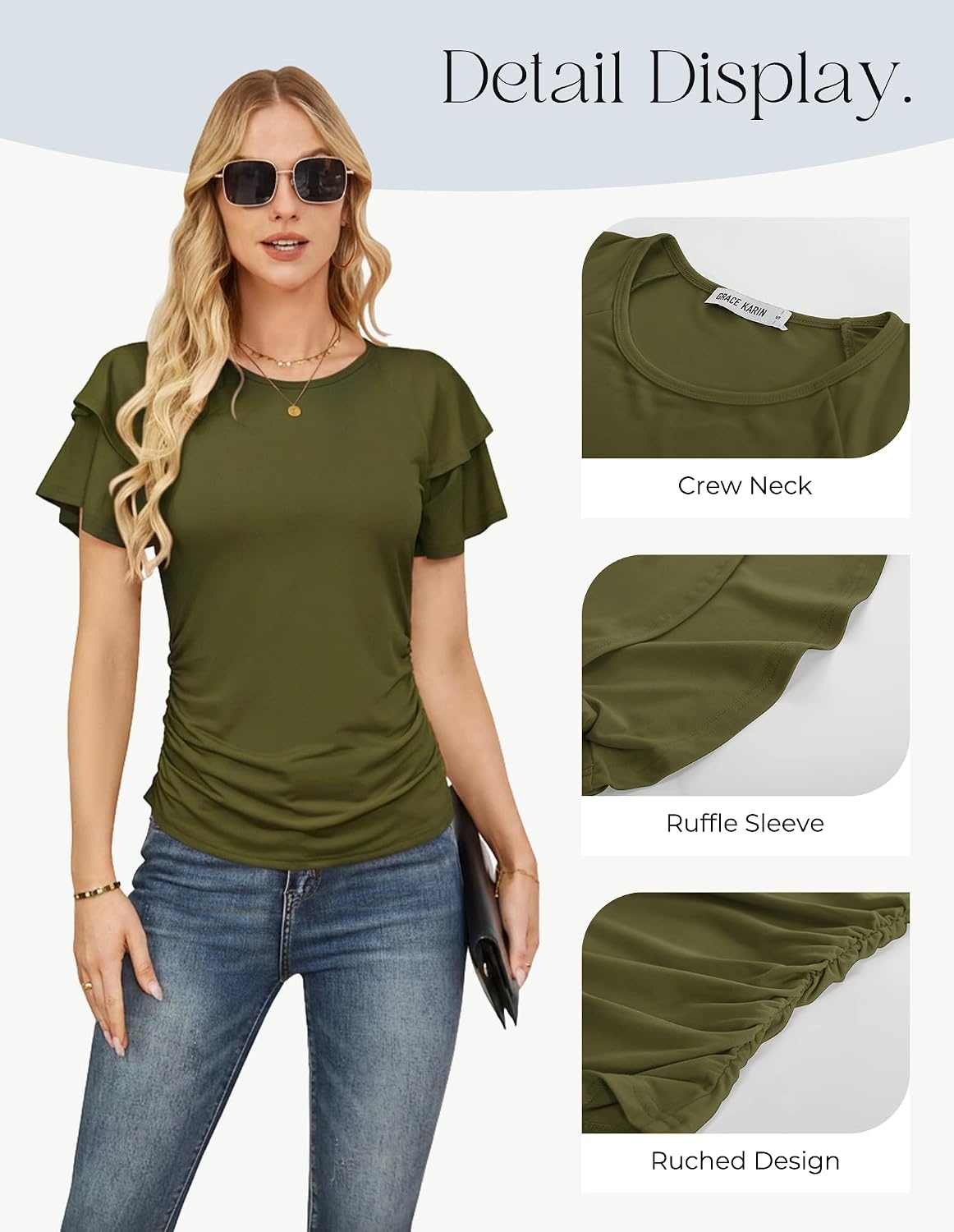 image:imageGRACE KARIN Women Tops Dressy Casual Ruffle Sleeve BlousesOlive Green