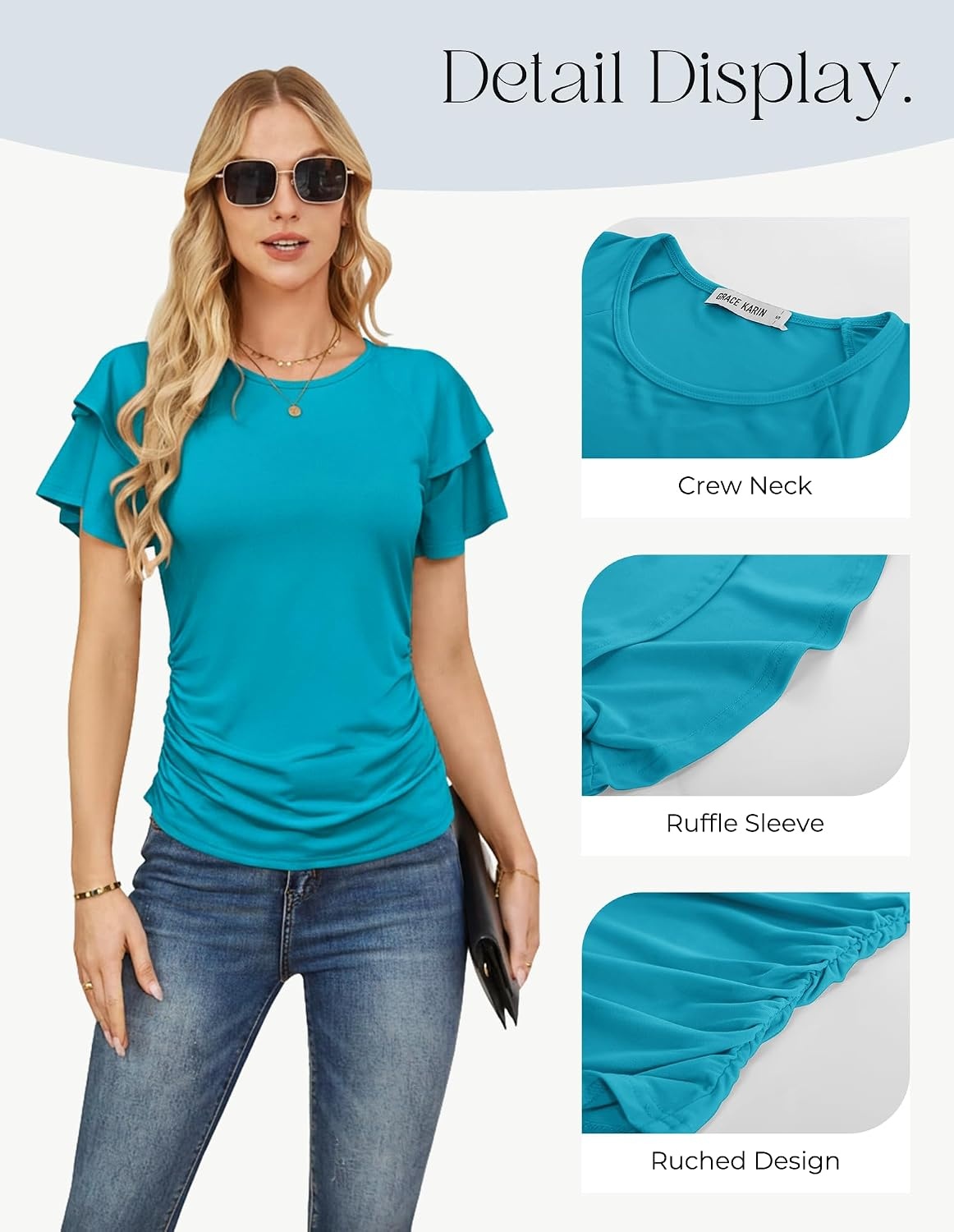 image:imageGRACE KARIN Women Tops Dressy Casual Ruffle Sleeve BlousesPeacock Blue