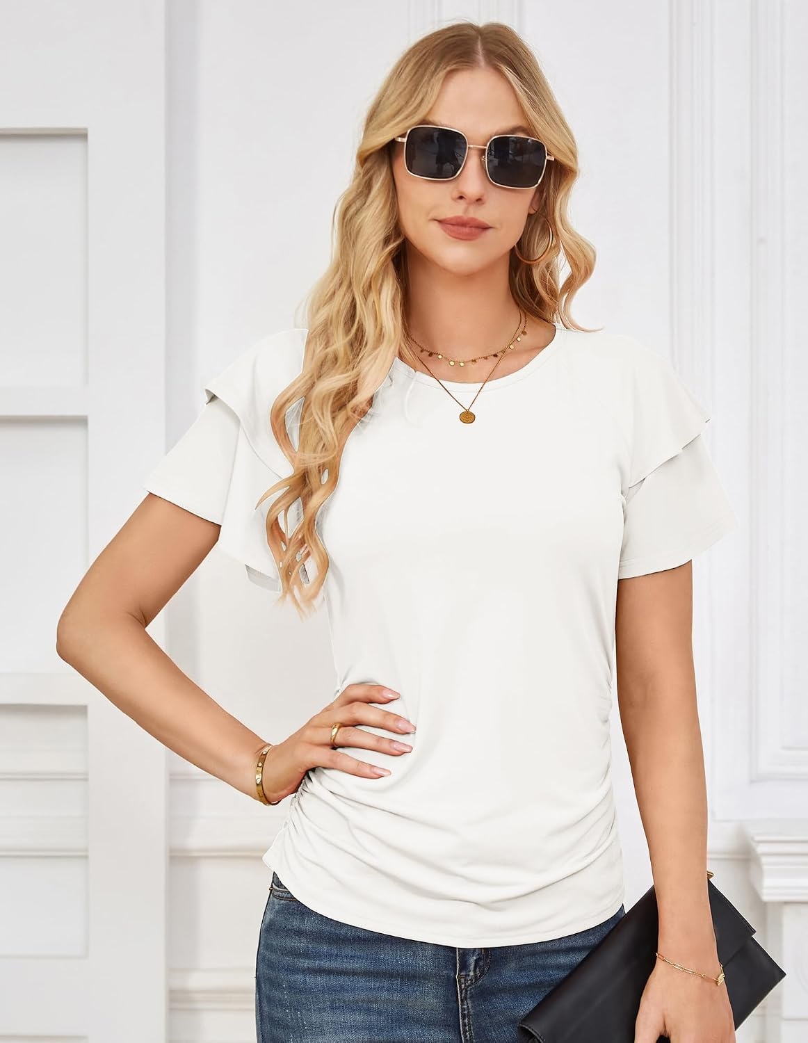 image:imageGRACE KARIN Women Tops Dressy Casual Ruffle Sleeve BlousesWhite