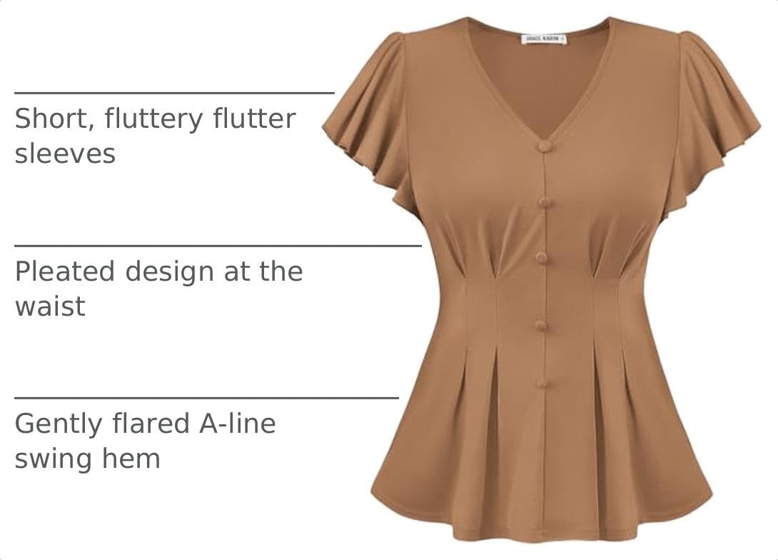 image:imageGRACE KARIN Womens Summer Blouses Dressy Casual Ruffle Peplum TopsKhaki