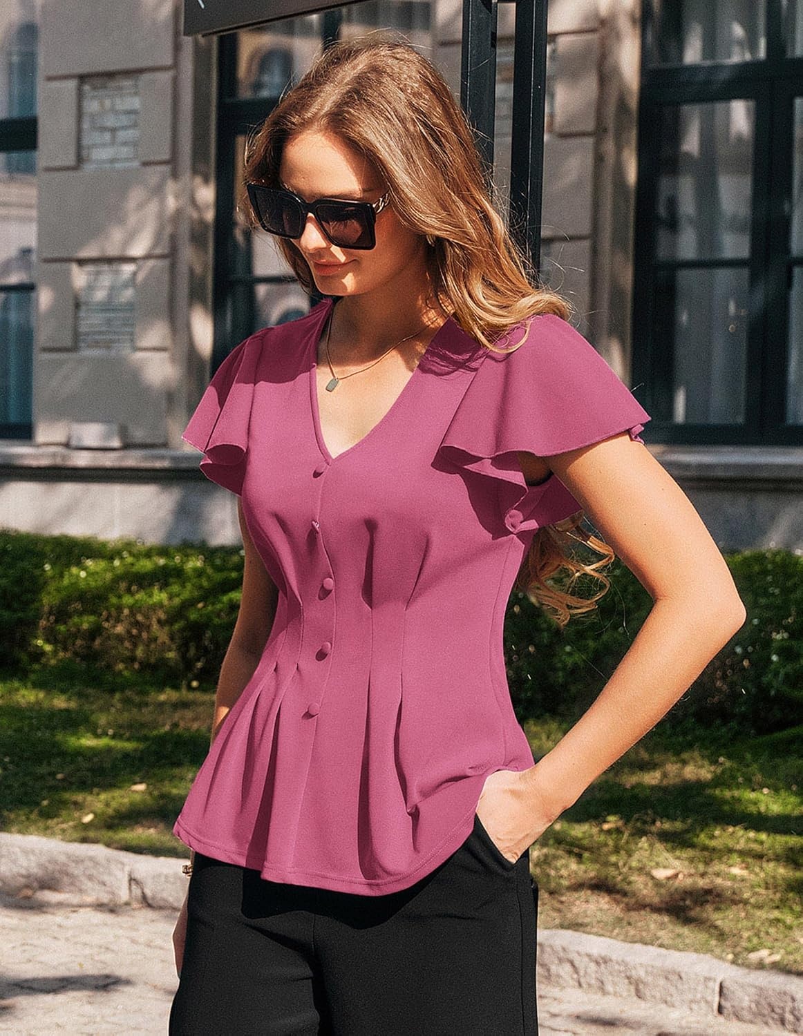image:imageGRACE KARIN Womens Summer Blouses Dressy Casual Ruffle Peplum TopsLight Fuchsia