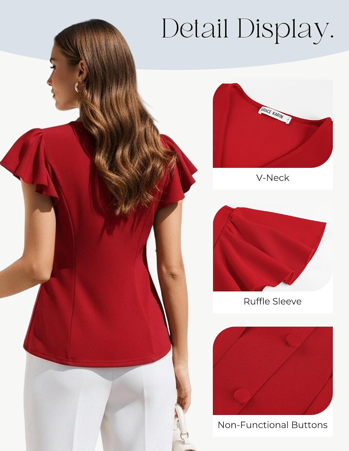 image:imageGRACE KARIN Womens Summer Blouses Dressy Casual Ruffle Peplum TopsRed