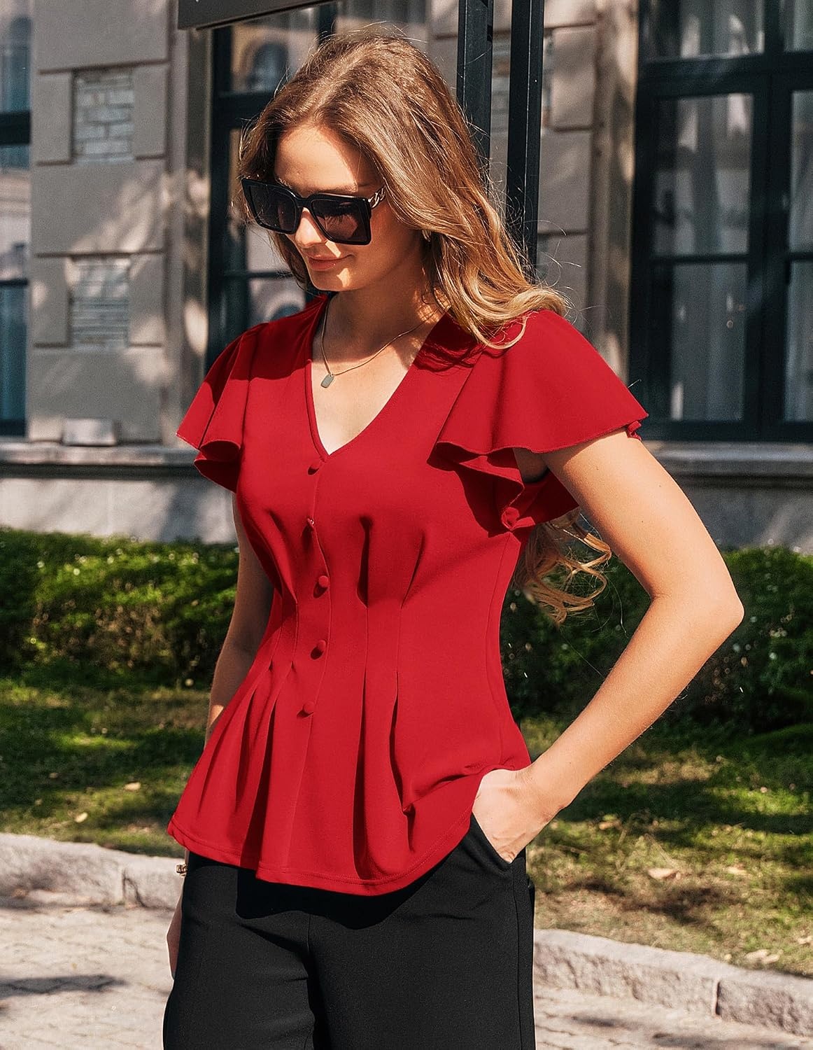 image:imageGRACE KARIN Womens Summer Blouses Dressy Casual Ruffle Peplum TopsRed