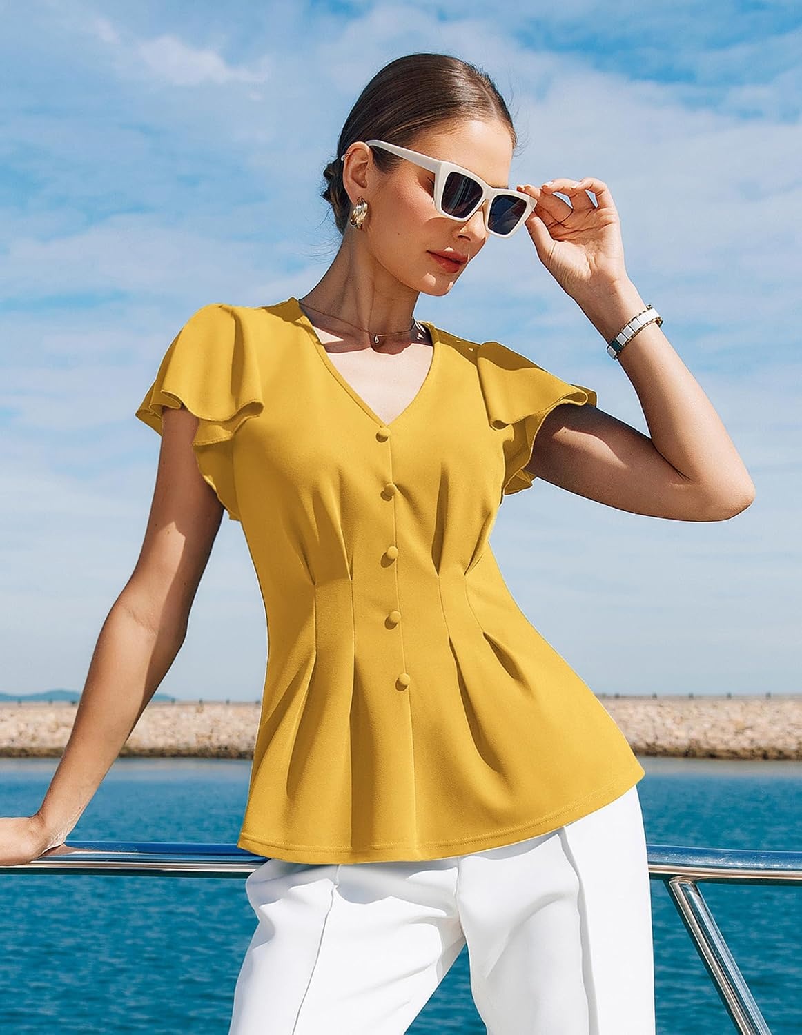 image:imageGRACE KARIN Womens Summer Blouses Dressy Casual Ruffle Peplum TopsYellow