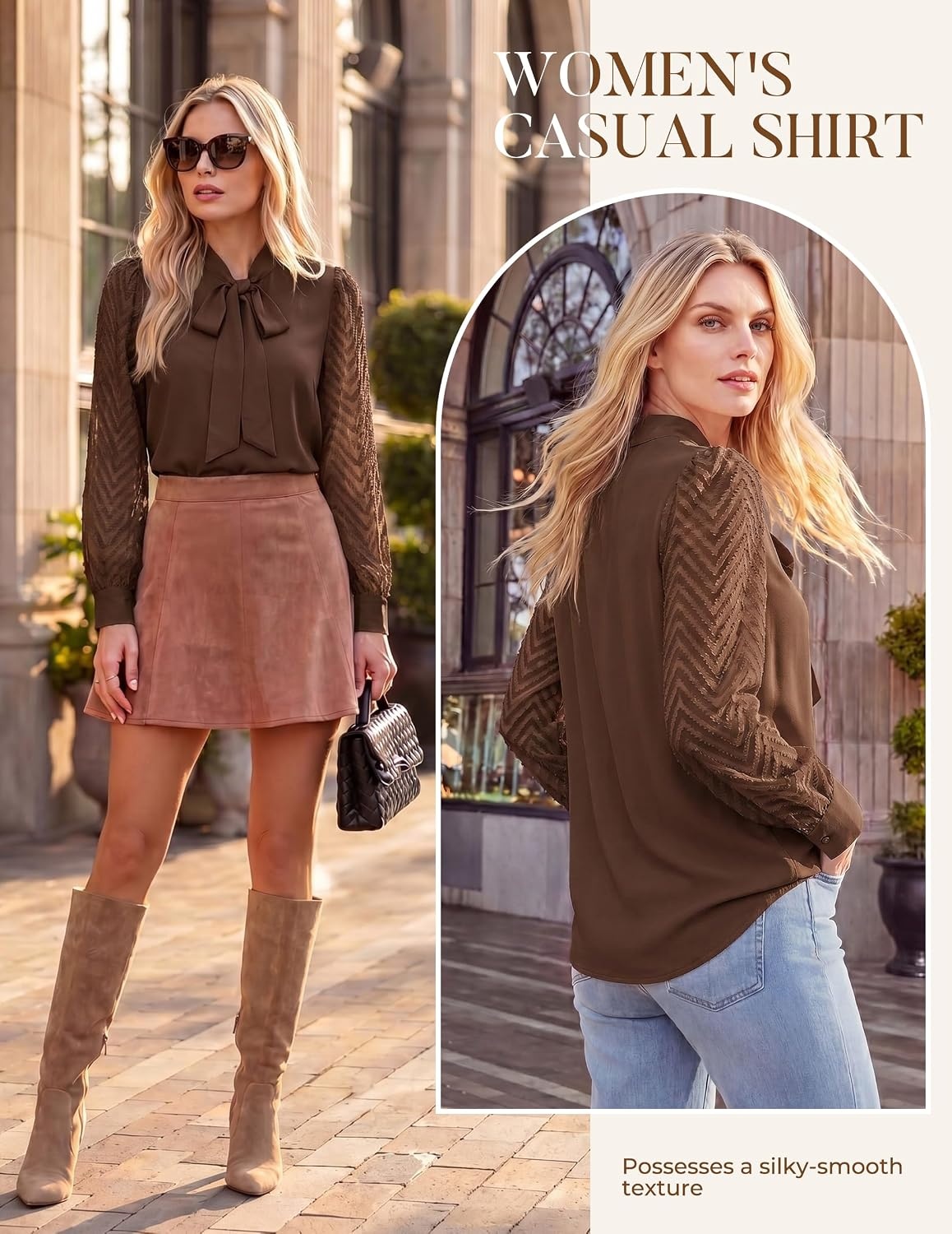 image:imageWomens Dressy Bow Tie Neck Long Sleeve Business Casual TopCoffee