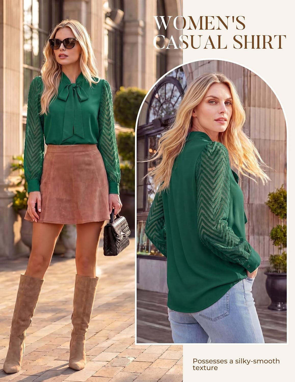 image:imageWomens Dressy Bow Tie Neck Long Sleeve Business Casual TopGreen
