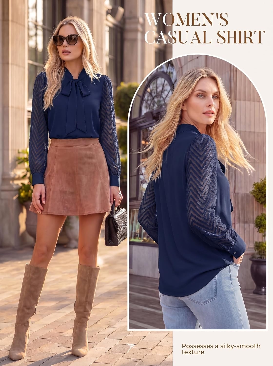 image:imageWomens Dressy Bow Tie Neck Long Sleeve Business Casual TopNavy