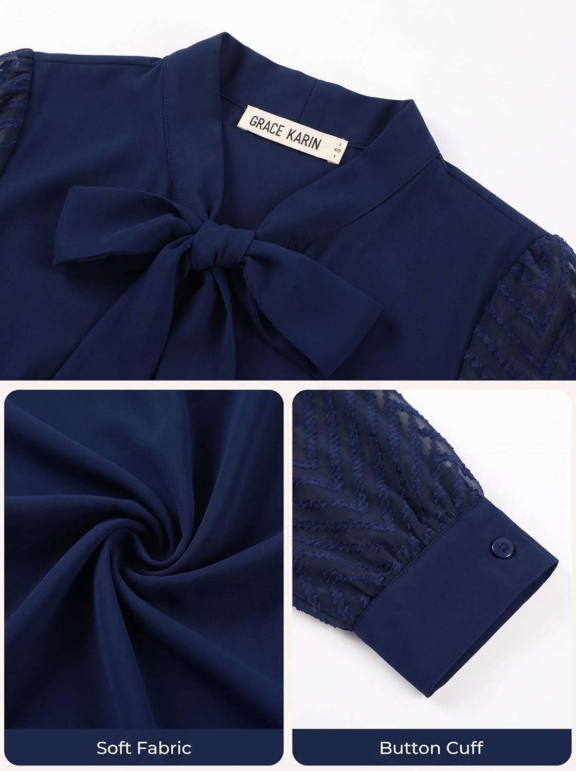 image:imageWomens Dressy Bow Tie Neck Long Sleeve Business Casual TopNavy