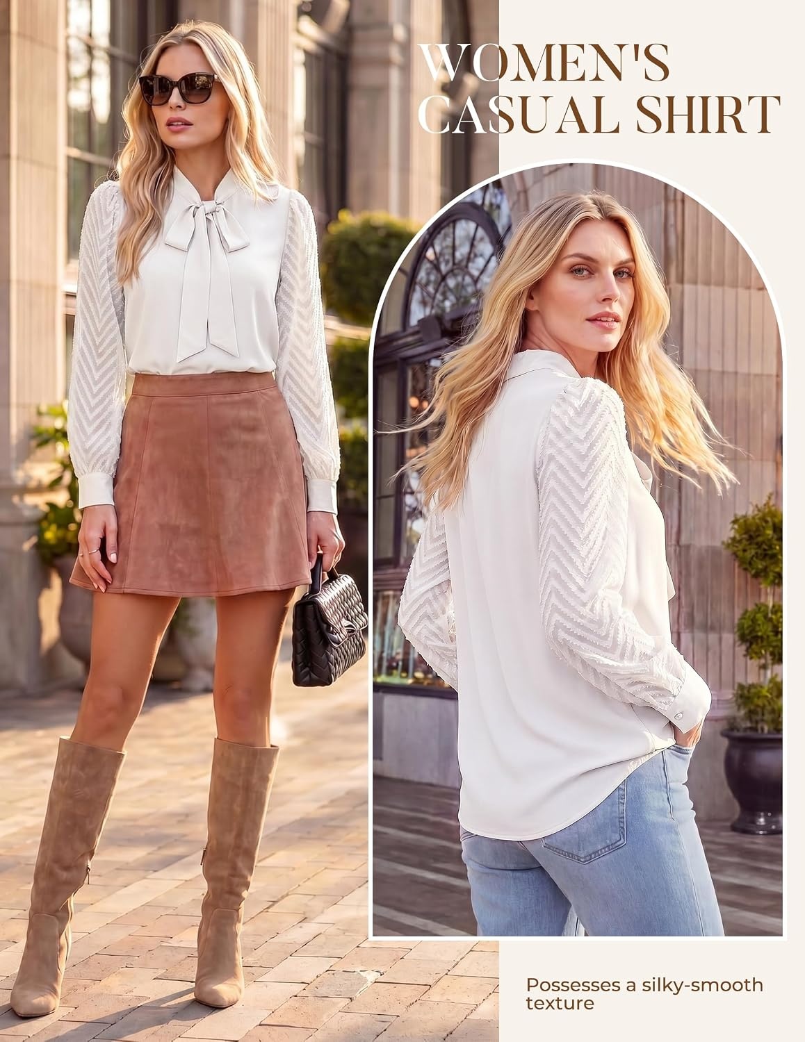 image:imageWomens Dressy Bow Tie Neck Long Sleeve Business Casual TopWhite
