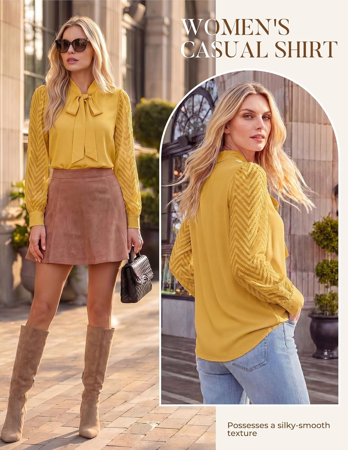 image:imageWomens Dressy Bow Tie Neck Long Sleeve Business Casual TopYellow