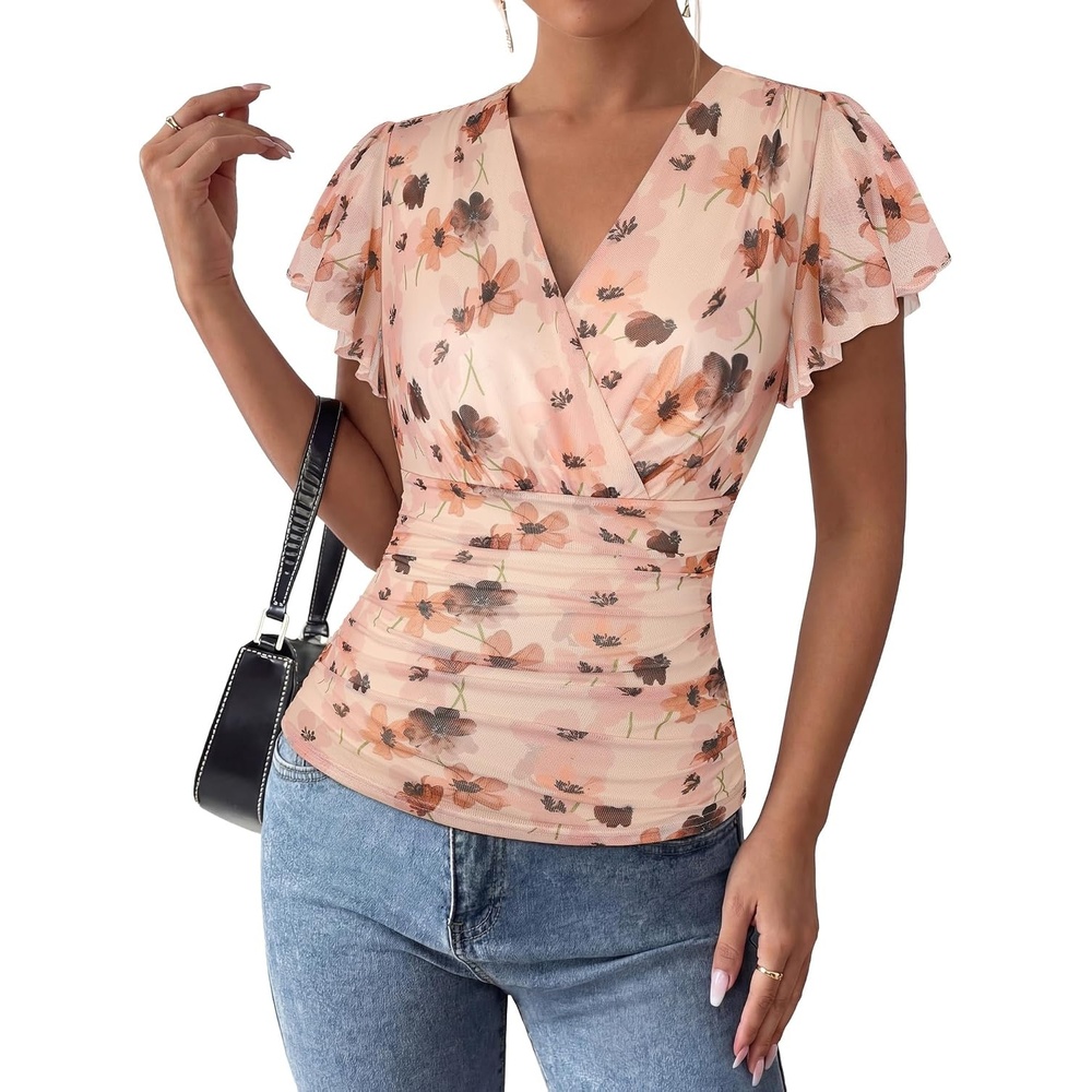 image:imageGRACE KARIN 2026 Womens Mesh Tops Dressy Casual Boho BlousesBrown Floral