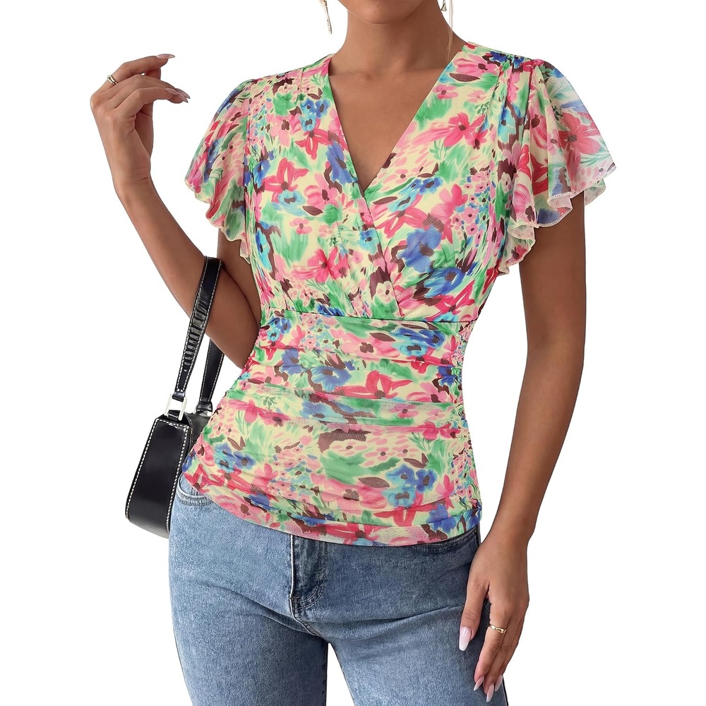 image:imageGRACE KARIN 2026 Womens Mesh Tops Dressy Casual Boho BlousesGreen Pink