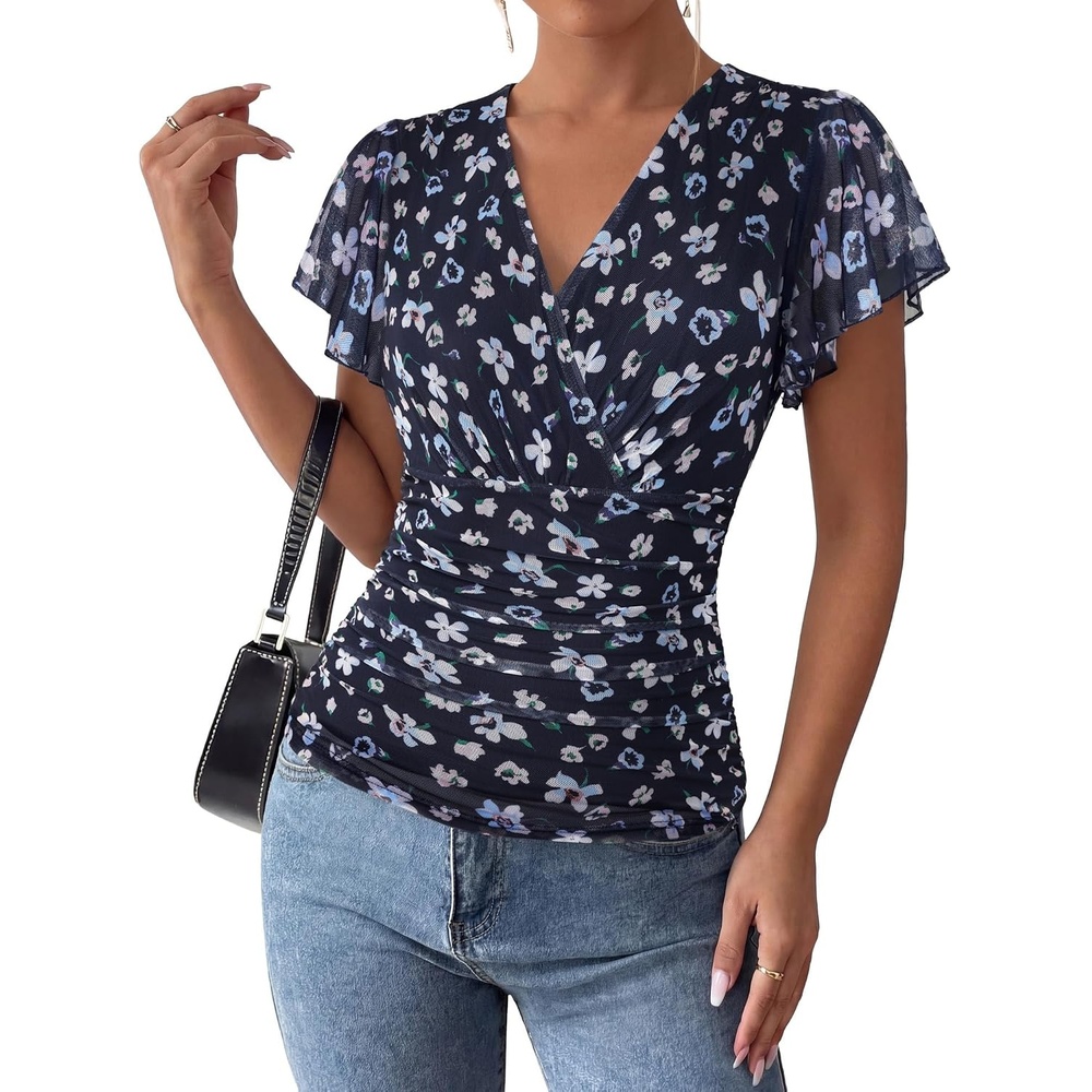image:imageGRACE KARIN 2026 Womens Mesh Tops Dressy Casual Boho BlousesNavy Floral